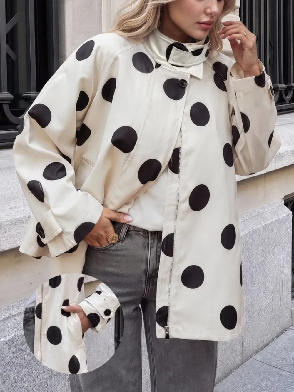 Black And White Casual Women's Polka Dot Print Raglan Long Sleeve Jacket